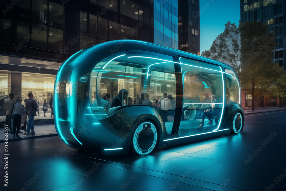 Public urban transport of the future over night city. Generative AI