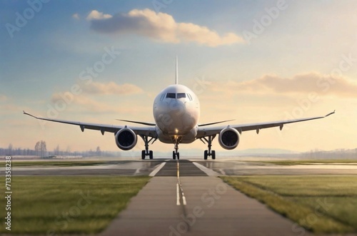 A passenger airplane taking off from an airport runway at spring morning