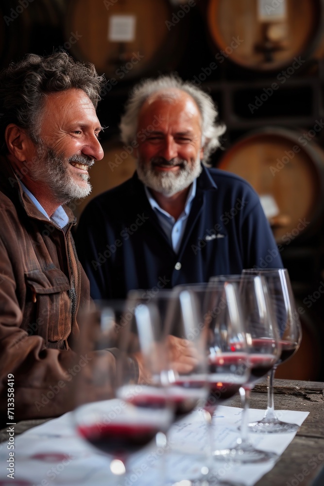 Portrait of two senior winegrowers tasting red wine in cellar Portrait of two senior winegrowers tasting red wine in cellar
