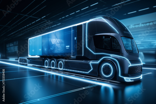 Modern futuristic lorry truck on dark. Generative AI