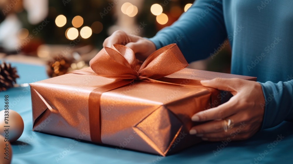 gift wrapping with present in blue wrapping paper gift wrapping with present in blue wrapping paper