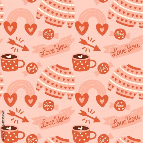 Valentine's Day Romantic Seamless Pattern with playful and whimsical illustrations of heart, love, rainbow, sweater, candy, love you banner, arrow, tea cup elements on pink background