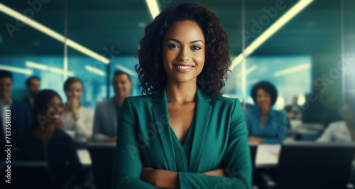 businesswoman smiling in an office with people