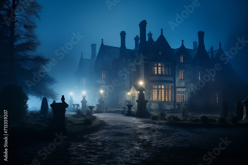 Medieval stone castle against dramatic foggy night. Generative AI photo