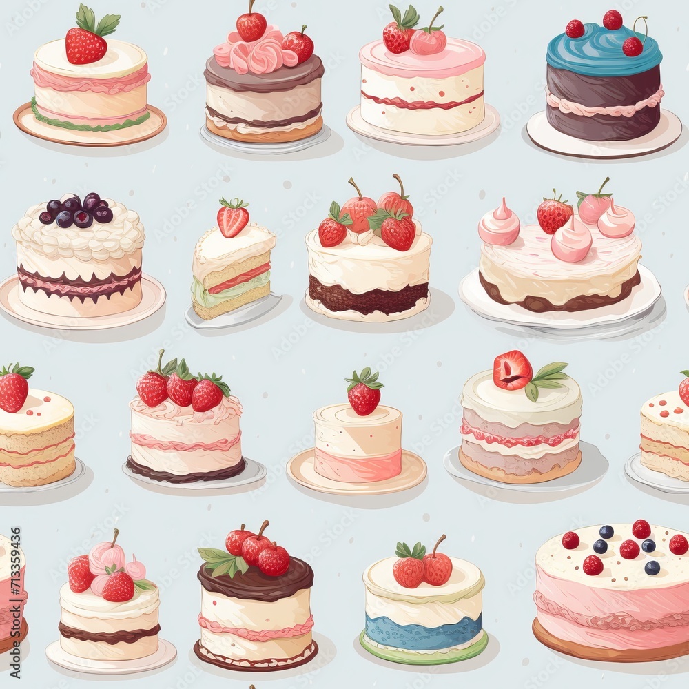 Delicious cake pattern on light background ideal for bakery, pastry, and dessert concept design Delicious cake pattern on light background ideal for bakery, pastry, and dessert concept design