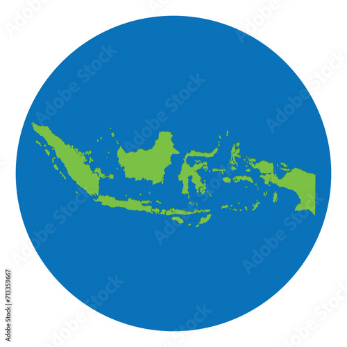 Indonesia map. Map of Indonesia in green color in globe design with blue circle color.