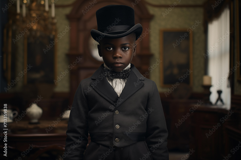 Black skin noble boy child wearing aristocratic clothing. Generative AI