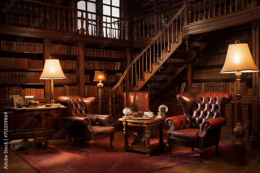 Luxury interior of vintage home library. Generative AI