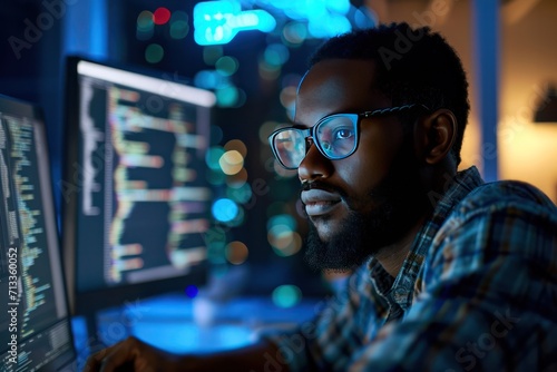 diverse black data scientist at work in office working on computer in front of the screen. Male professional in IT company. DevOps engineer, support specialist. 