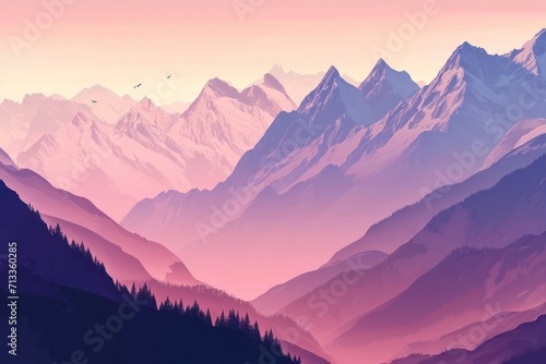 minimal blue lilac mountains with snow peaks flat illustration air perspective early morning or dusk aerial view © Dina