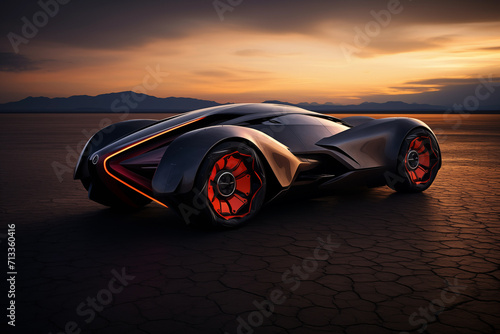 Futuristic electric sport car over dramatic sky of desert. Generative AI