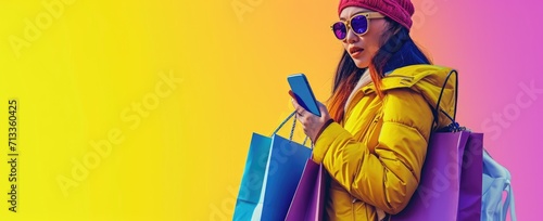 A trendy shopper in sunglasses uses a smartphone while holding colorful shopping bags, against a vibrant purple backdrop, embodying modern consumerism and connectivity. Ai generated
 photo