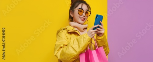 A trendy shopper in sunglasses uses a smartphone while holding colorful shopping bags, against a vibrant purple backdrop, embodying modern consumerism and connectivity. Ai generated 