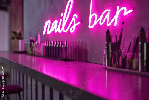 nails bar pink neon sign words in beauty manicure salon. Makeup artist studio decor.
