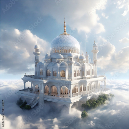 a large, magnificent white mosque palace with a glass floor above the clouds, very hyper extra realistic © Siti