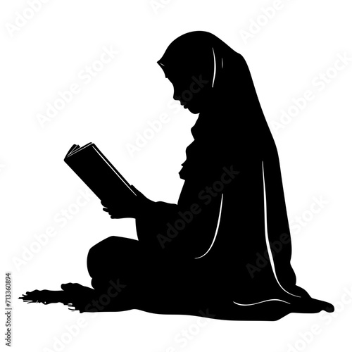 Silhouette of a Muslim woman reading the Koran in black color only