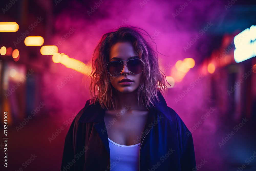 Fashion young woman in sunglasses walking on street. Generative AI
