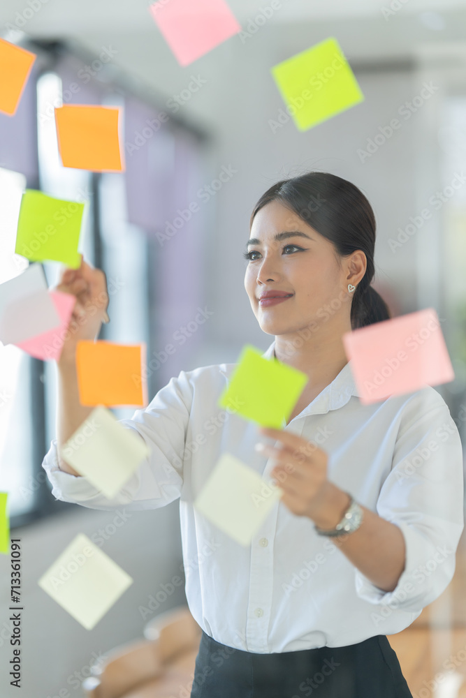 Portrait of beautiful young woman standing in front of glass board and smiling on camera. Female office worker using laptop in company. Portrait of beautiful young woman standing in front of glass board and smiling on camera. Female office worker using laptop in company.