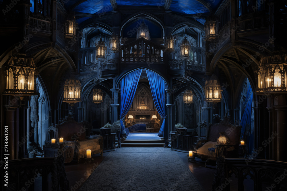 Obraz premium Mystery haunted castle interior at creepy spooky night. Generative AI