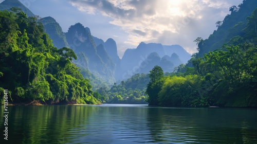 Beautiful river on the background of jungle and mountains