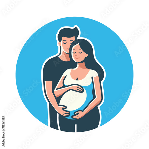 Couple Waiting Baby. Husband and wife are expecting a baby. Man hugging pregnant woman with belly.  Young parents, family support. Flat vector illustration isolated on white background. Logo, icon