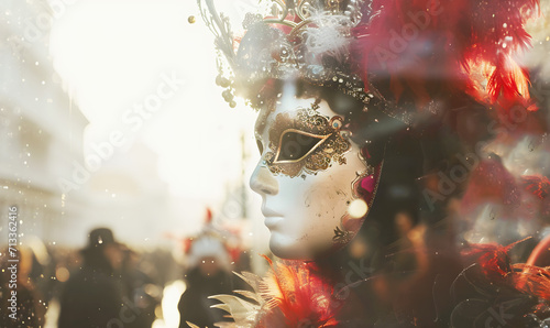 Masquerade mask on colored background with confetti. Carnival in Venice