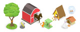 3D Isometric Flat  Set of Wild And Domestic Animals With Homes, Poultry Farming