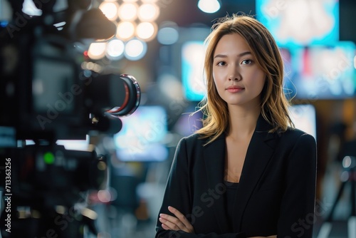 Beautiful Asian woman vlogger with camera in studio. © lublubachka