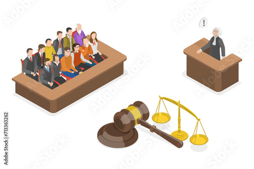 3D Isometric Flat  Conceptual Illustration of Jury In Court Trial, Judicial Process photo