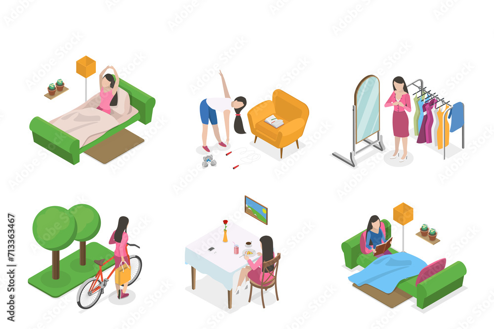 3D Isometric Flat Conceptual Illustration of Habits and Ritual Items, Productive Morning Routine 3D Isometric Flat Conceptual Illustration of Habits and Ritual Items, Productive Morning Routine