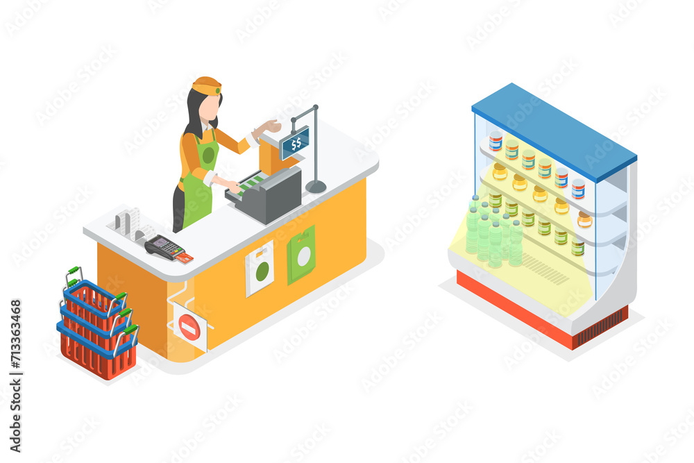 3D Isometric Flat  Conceptual Illustration of Cashier, Supermarket Store Assistant