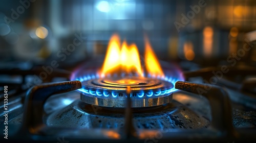 Close-up of a natural gas stove burner. A single lit gas burner on a blurred background. Fire lit for cooking.