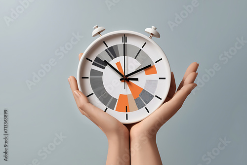 Work and life balance, daily regime, time management. Hand holds a symbolic clock with the sectors LIFE, WORK and the designation of the balance between them. Minimalist collage design. photo