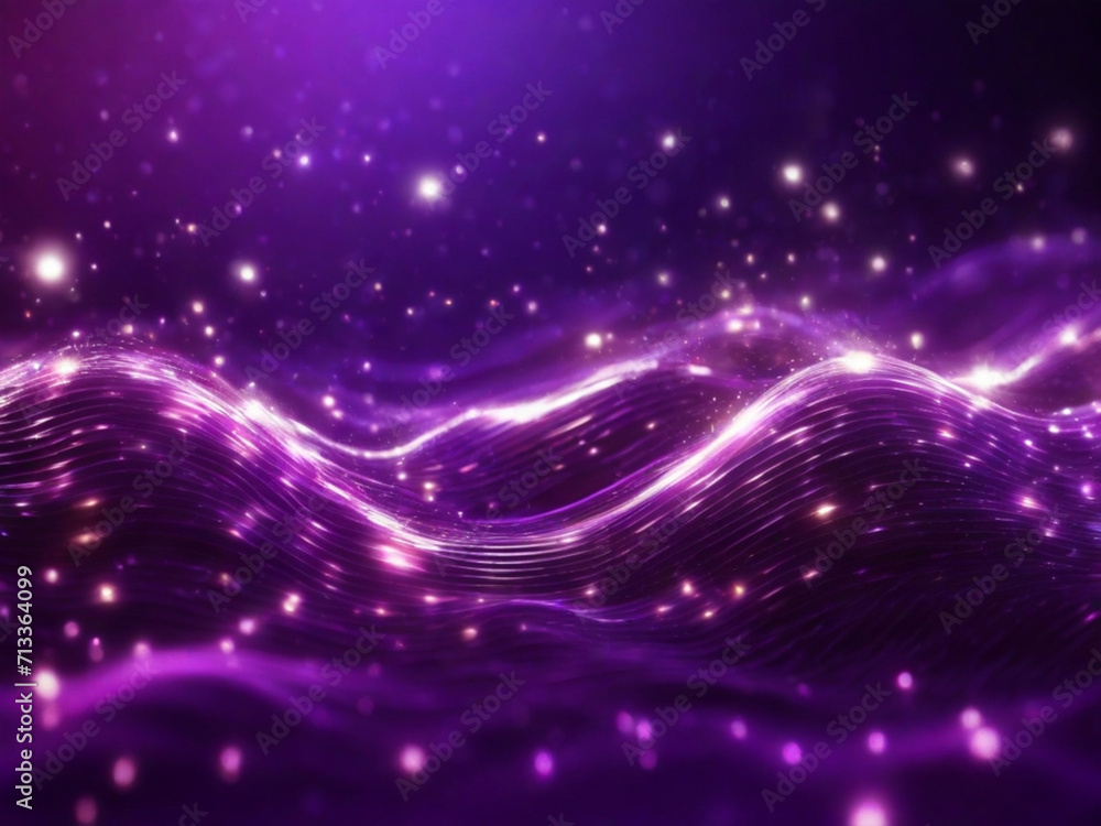 Onda di particelle viola digitali e sfondo astratto di energia con stelle e puntini brillanti 