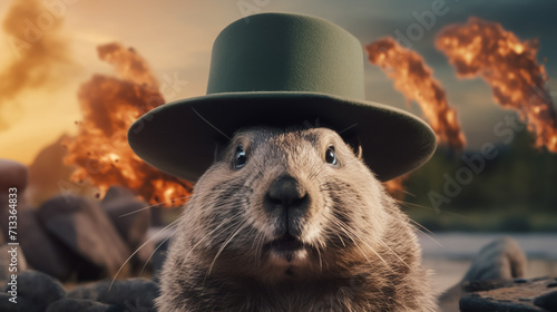  close up portrait view of an North American beaver on explosion background, Generative Ai