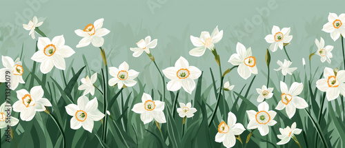 Narcissus poeticus embraced by spring  floral pattern flourishing across the canvas  illustration.