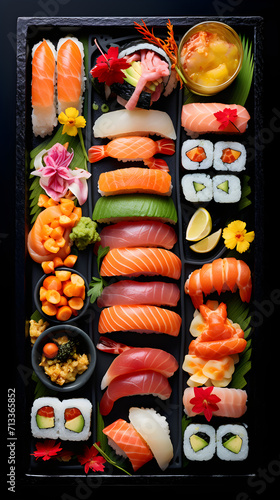 Artistic Top View Photo of DK Sushi Platter on a Square Black Plate, Perfect for Food Enthusiasts