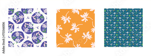 Trendy vector floral pattern set with organic botanical shapes. Modern bold summer flower print, design collection in scandi style.