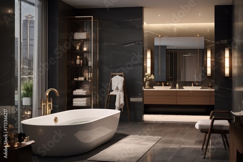 3D render showcasing a luxurious bathroom with modern fixtures  elegant lighting  and spa-like ambiance