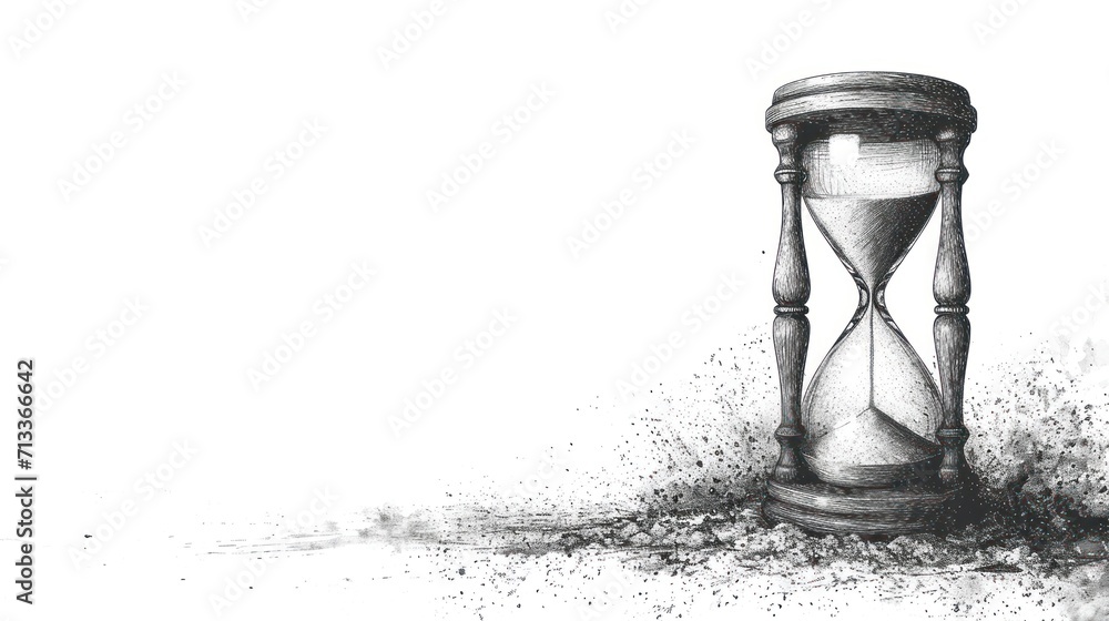 a pencil drawing of an hourglass with sand coming out of the bottom of