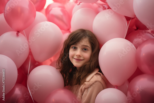 Valentine's Day balloons background. Girl on background of balloons