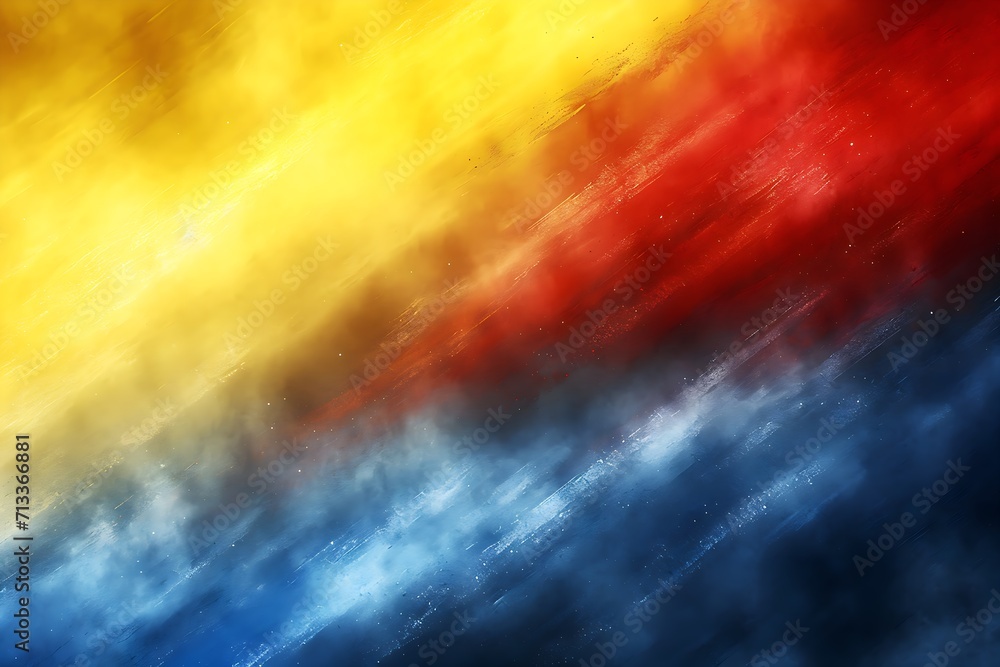 Dynamic Color Symphony: A Captivating Series of Abstract Backgrounds featuring Flowing Waves in Grainy Yellow, Blue, and Red Tones. Dark Noise Texture for Unique Cover, Header, and Wallpaper Designs.