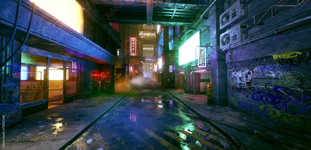 Bright neon night in a cyberpunk city. Photorealistic 3d illustration of the futuristic city. Empty street with blue, green and yellow neon lights. Bright neon night in a cyberpunk city. Photorealistic 3d illustration of the futuristic city. Empty street with blue, green and yellow neon lights.