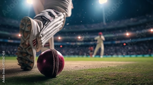 Cricket Ball In Stadium, Closeup Shot, Cricket man Playing shot with Cricket ball photo