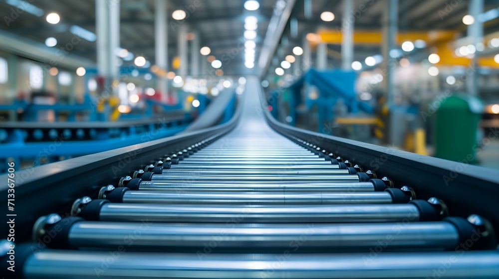 Motion blur conveyor belt in a factory warehouse. Industrial background.