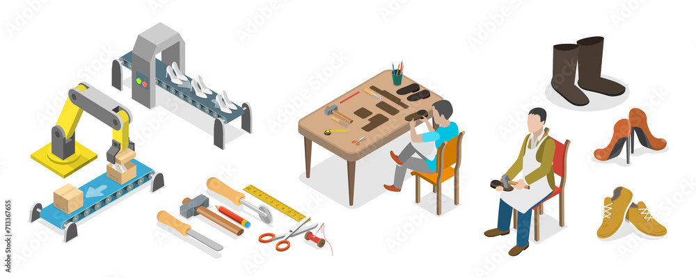 3D Isometric Flat  Conceptual Illustration of Leather Shoes Production, Shoe Making Process