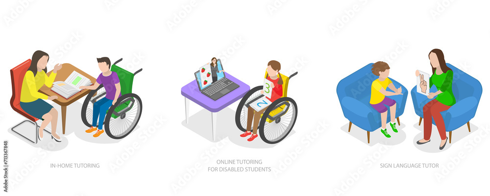 3D Isometric Flat  Conceptual Illustration of Special Teaching, Tutoring for Dsabled Students