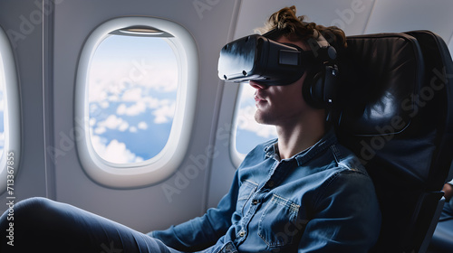 Print op canvas Photograph of one man at a plane seat wearing a VR headset.
