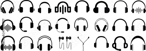 Headphone Vector Set, Diverse headphones, audio equipment silhouettes, music listening devices. Black icons on white background, perfect for logos, design elements
