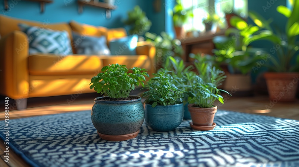 Plants in pots on the floor in the interior of the living room Plants in pots on the floor in the interior of the living room